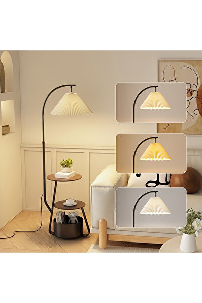 sharpdo Nordic Curved Floor Lamp, With 3-Layer Side Table and Storage Drawer