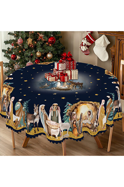Choice مفرش طاولة دائري (152 سم) Bs006 قطعة واحدة مطبوع طابع عيد الميلاد باللون الأزرق، بنمط ريفي عتيق