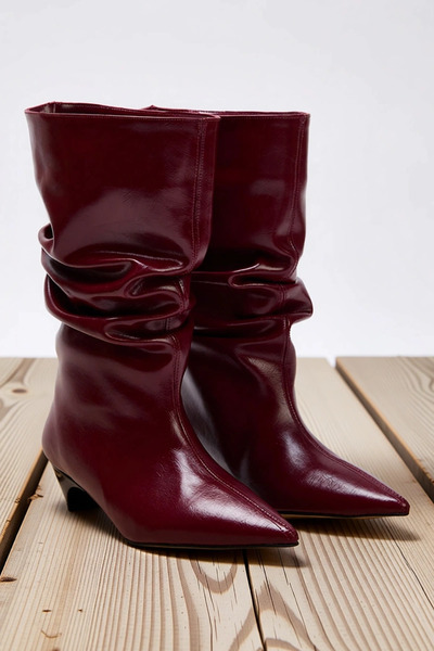 BENERLY Kadın Sivri Burunlu Kısa Topuklu Büzgülü Suni Deri Çizme Fonksiyonel ...