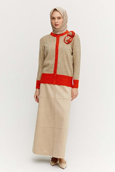 Setrms Çiçek Aplikeli Çift Renkli Süs Düğmeli Triko Bluz