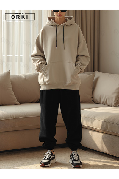 EFFRENATU Unisex Μπεζ Oversize Φούτερ με κουκούλα & Μαύρο Σετ Φόρμας Jogger