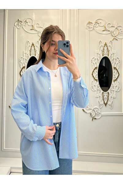 TesetturHome Kadın Mavi Çizgili Poplin Gömlek