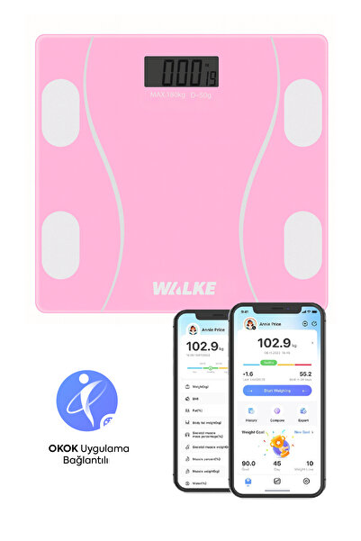 Walke Premium Seri Dijital Baskül Yağ Su Kas Vücut Kitle Endeksi Kilo Ölçer Tartı 30 * 30 Cm Pembe