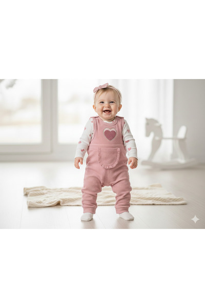 NAFİTO Kalpli Kız Bebek 3’lü Tulum Seti – Kollu Zıbın, Cepli Tulum ve Çorap | 3-6-9 Ay Bebek Kıyafeti