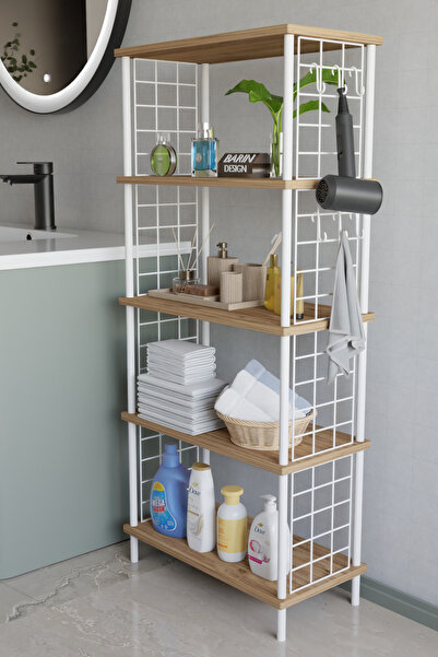 BARIN DESIGN 5 Katlı Çevir Kur Beyaz Metal Telli Banyo Rafı |Çok Amaçlı Düzenleyici, Organizer Stand Banyo Dolabı
