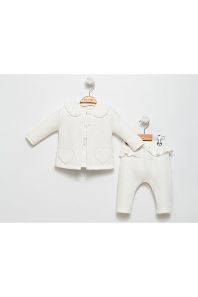 Bebezade 3 Piece Set with Heart Embroidery Detailed Cardigan