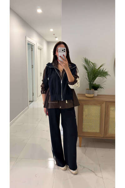 BİRCANÇİL مينوي طقم بغطاء رأس قطع بسحاب باللونين الأزرق الداكن والبني