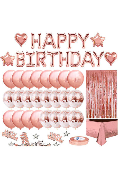 Generic Rose Gold Happy Birthday Balloon Aluminum Foil Banner Fringe Curtain Tablecloth and Ribbon