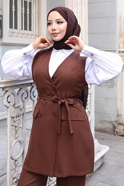Modamihram Belt Detailed Double Suit Brown 19232
