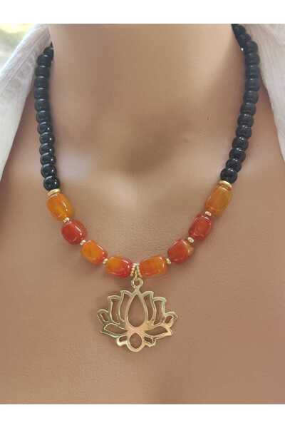 elinasaccessories El yapımı Turuncu Akik Onyx Doğal Taş Kolye 14k Lotus Figür...