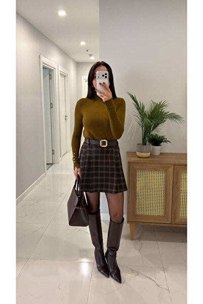 BİRCANÇİL Vetran Kahve Mini Kemerli Ekoseli Etek