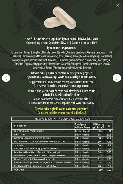 Hhs NEW A1 L-Carntine Lepdium 30 Kapsül (Şişe) x2 Adet