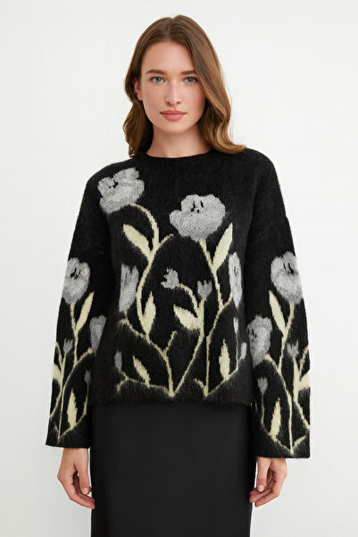 Get Crazy Kadın Bisiklet Yaka Çiçek Desenli Şardonlu Oversize Triko Kazak