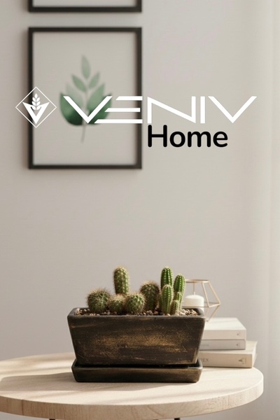 VENİV Beton Saksı El Yapımı Nostalji Eskitme + Alt Beton Tabak Dahil- Gold Detaylı - 15 X 7 cm