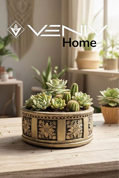 VENİV Dekoratif Beton Saksı El Yapımı Nostalji Eskitme - Gold Detaylı - 20 cm