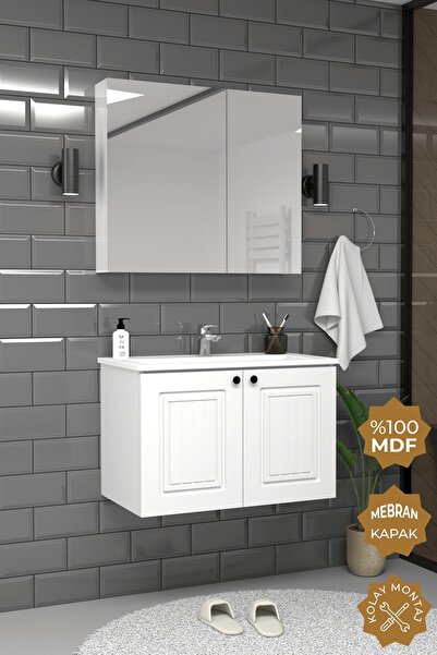 TETA HOME Pekin 80 cm MDF Gövde Membran Kapak Banyo Dolabı Seti