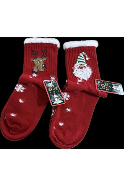 ELZE Yılbaşı Temalı Kırmızı Kadın Çorap 2’li Set – Peluş Detaylı, Noel Baba &...