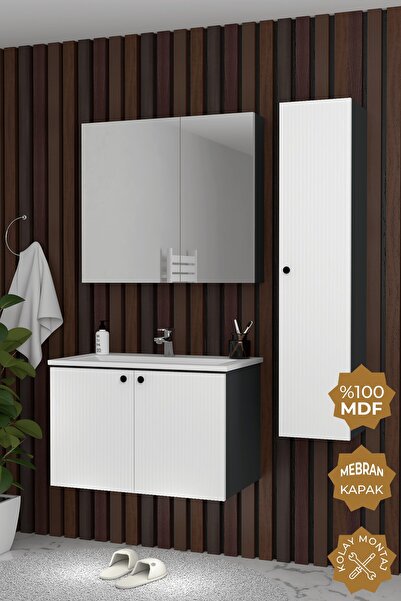 TETA HOME Torino 80 cm MDF Gövde Membran Kapak Banyo Dolabı Seti + Boy Dolabı