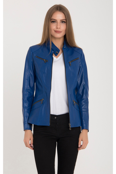 Dericeketim Kadın Mavi Renk Klasik Deri Ceket - B16 Mavi