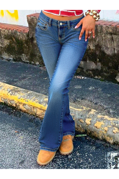 Shevadne Kadın Mavi Yıkamalı Düşük Bel İspanyol Paça Esnek Kot Pantolon Günlü...