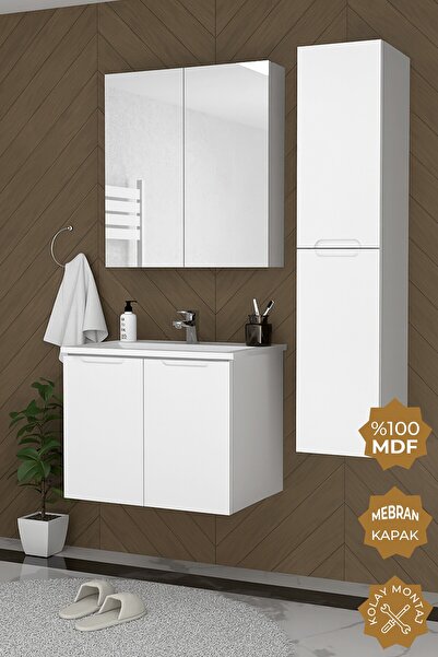 TETA HOME Astana 80 cm MDF Gövde Membran Kapak Banyo Dolabı Seti + Boy Dolabı