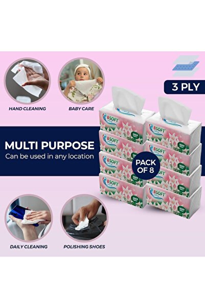 BSOFT Super Soft Facial Tissues – 1000 Sheets, 3Ply, Pack of 8 Boxes