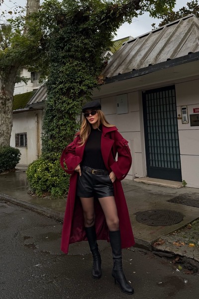 Laluvia Light Burgundy Premium Coat with Pocket Detail on the Sleeves - 408033