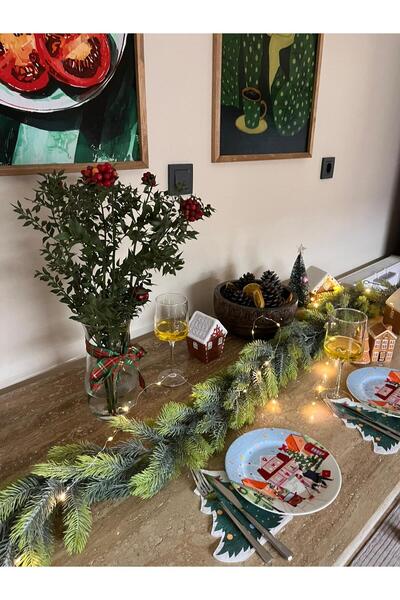 TASARİMECRN Yılbaşı Dekoru YAPAY Çam Dalı Garland Kapı Duvar Masa Süsü led ış...