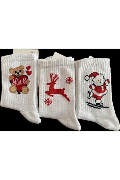 Yalıncak Çorap مجموعة جوارب نسائية بيضاء ذات طابع العام الجديد مكونة من 3 قطع...