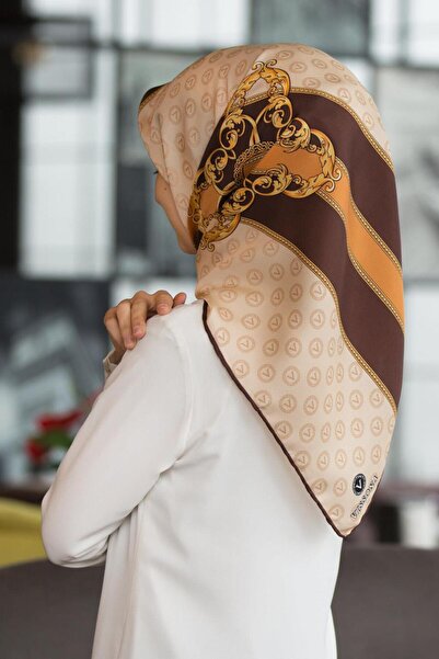 Vissona 100% Twill Silk με μονόγραμμα και μπαρόκ σχέδιο καφέ - μπεζ χρώμα 90x...