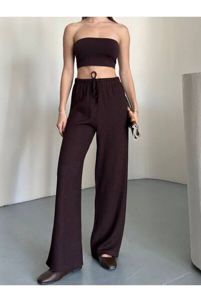 WYNA BOUTİQUE High Waist Ribbed Lace-Up Casual Women's Pants