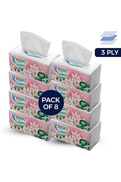 BSOFT Super Soft Facial Tissues – 1000 Sheets, 3Ply, Pack of 8 Boxes