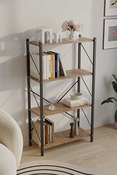 WOODENSA Dekoratif 4 Raflı Kitaplık Metal Kitaplık Çam