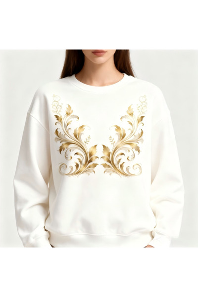 CozyhomeVIP Women’s White Crewneck Sweatshirt with Gold Baroque Floral Print | Elegant Casual Top
