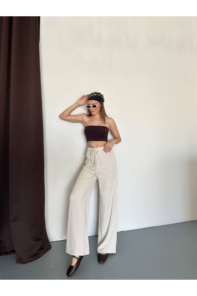 WYNA BOUTİQUE High Waist Ribbed Lace-Up Casual Women's Pants