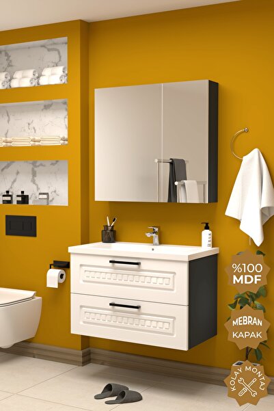 TETA HOME Floransa 80 cm MDF Gövde Membran Kapak Banyo Dolabı Seti