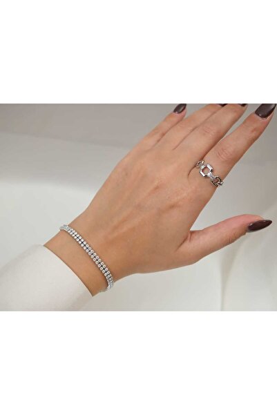 ATELİER TUĞBA Blk150 Double Row Stone Waterway Bracelet Silver - 17 cm + 2 cm...