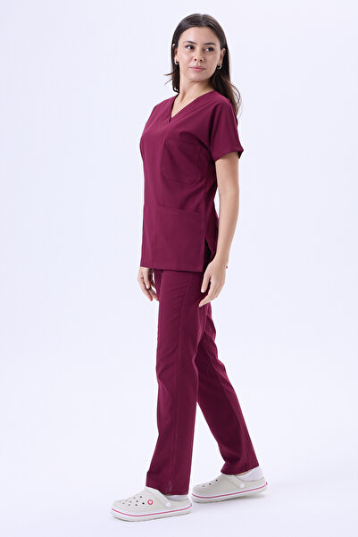 3K Medikal İş Elbiseleri Bordo Likralı Kadın Doktor Hemşire Forması Takımı Sc...