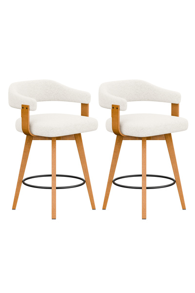 CHOGORI Set of 2 Modern Bar Stools, 26" Counter Height, Curved Back, Linen Reinforced Wood