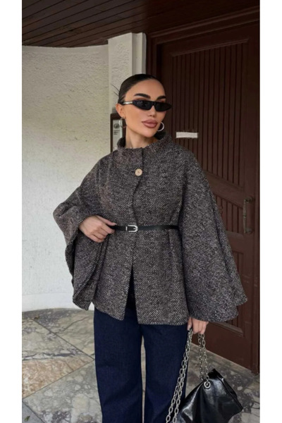 YAMAN Balıksırtı Desenli Kemerli Kadın Panço