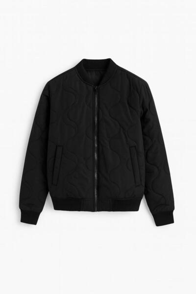 FREZZBİ Men's Black College Collar Windproof Quilted Wave Pattern Fiber Transitional Coat