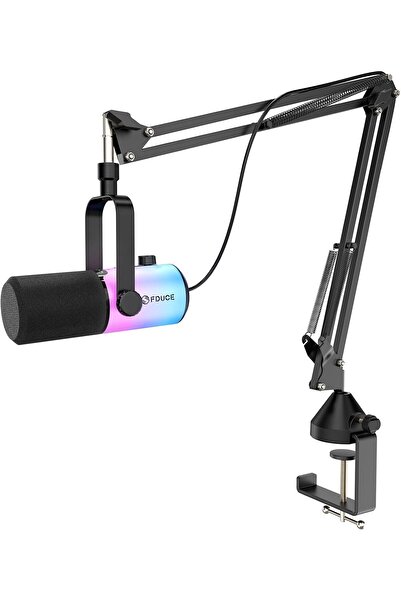 Generic طقم ميكروفون الألعاب الديناميكي FDUCE D20 (USB/XLR) مع ذراع قابل للتحريك، وإضاءة RGB، وخاصية كتم الصوت، ومقبس سماعة رأس