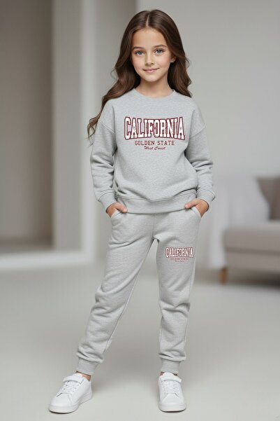 armicem طقم رياضي للفتيات من كاليفورنيا مطبوع برقبة دائرية – أسود ورمادي