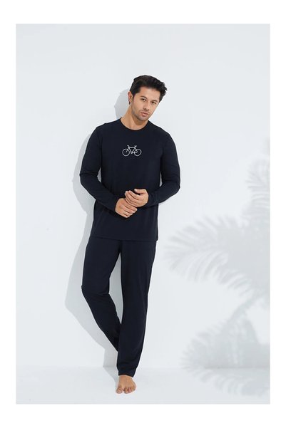 Moonzer Men's Long Sleeve Cycling Embroidered Black Combed Cotton Fabric Transitional Pajama Set