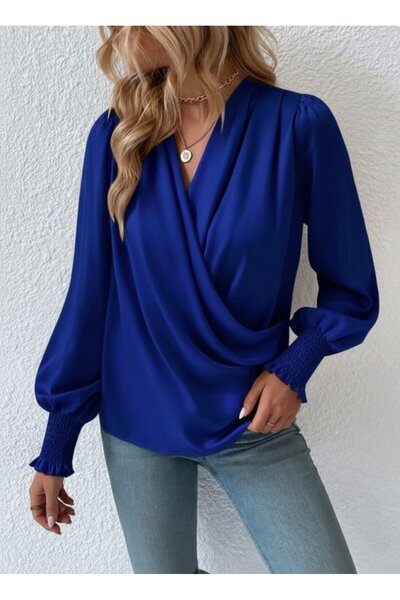 Kokosh moda Women's Long Sleeve Flowy Double-Breasted Neckline Cuffed Sandy Navy Blue Blouse
