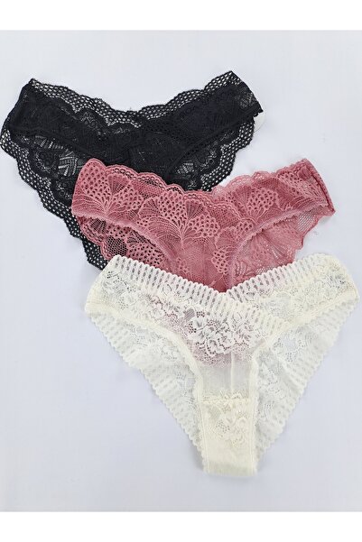 Butik 3'lü Full Dantelli Tanga Külot Brezilya Kesim Tanga Likralı Esnek Rahat...