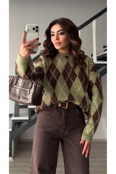 Oslove سترة بنمط البقلاوة باللون الأخضر والبني مبطن بالصوف