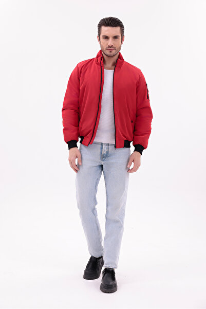 blayn jeans Men's Red Transitional Coat – Mock Neck , Zippered, Lightweight B...