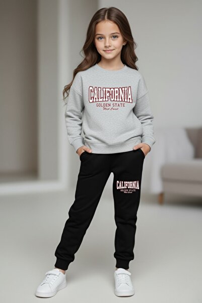 armicem طقم رياضي للفتيات من كاليفورنيا مطبوع برقبة دائرية – أسود ورمادي