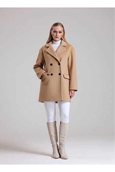 Tangül&Ali'S Moda Evi Dokulu Kruvaze Camel Kaşe Kaban